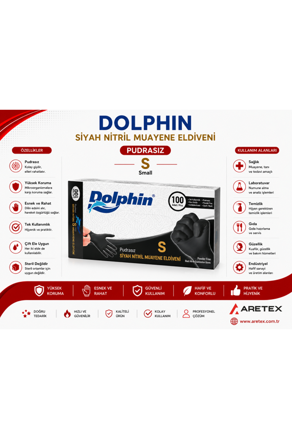 Dolphin Siyah Çok Amaçlı Pudrasız Eldiven Small 100lü