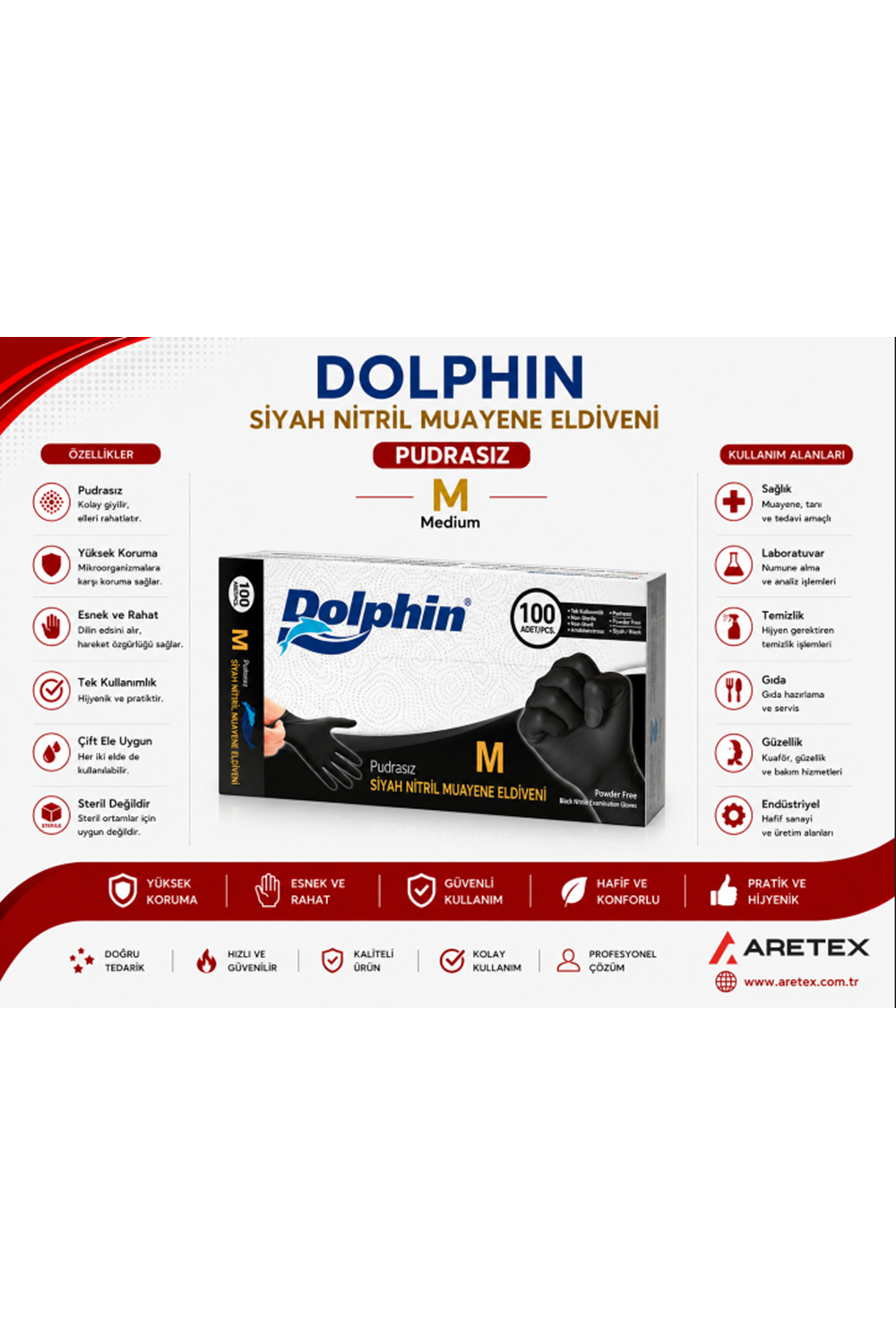 Dolphin Siyah Çok Amaçlı Pudrasız Eldiven Medium 100lü