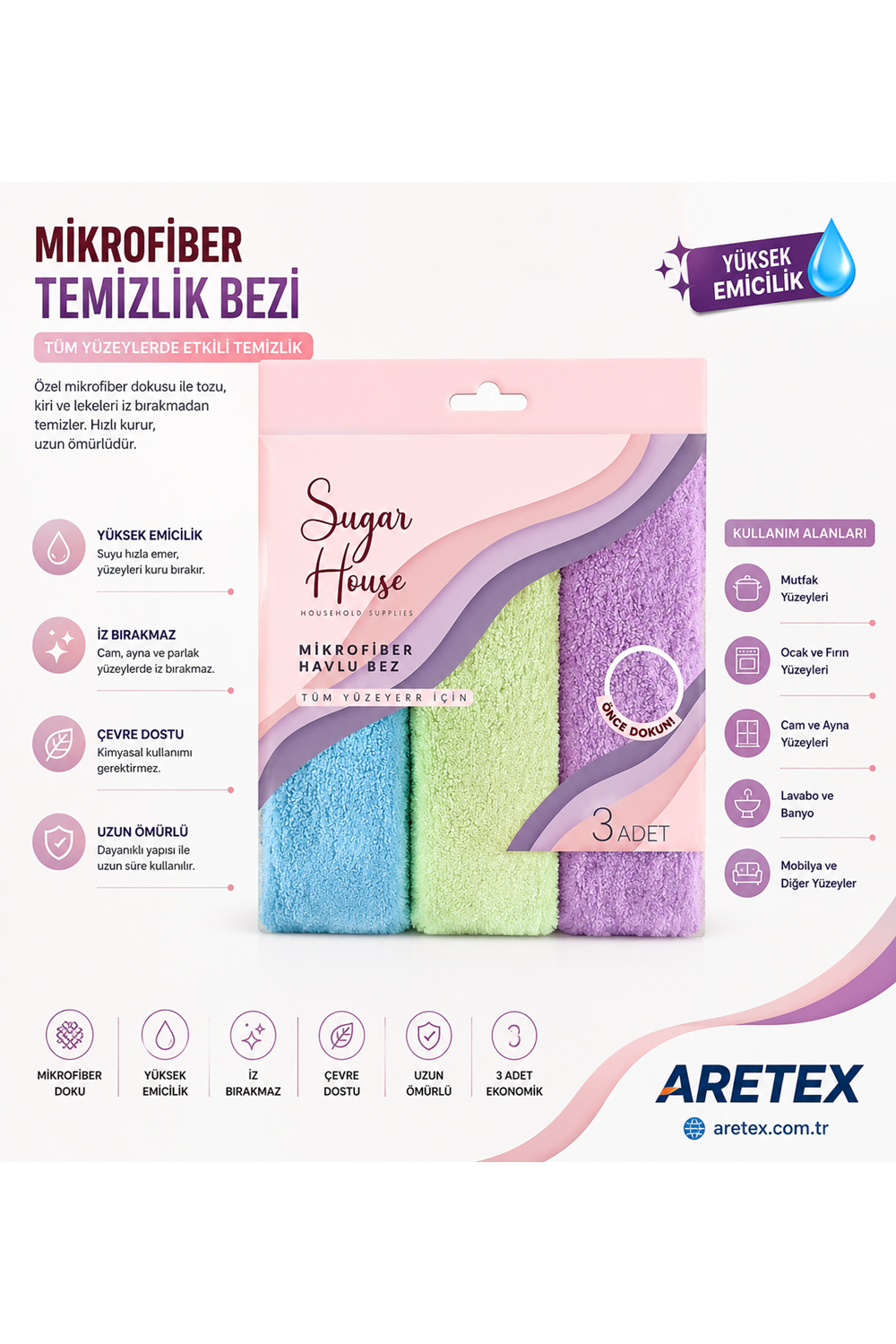 Sugarhouse 3lü Mikrofiber Temizlik Havlusu