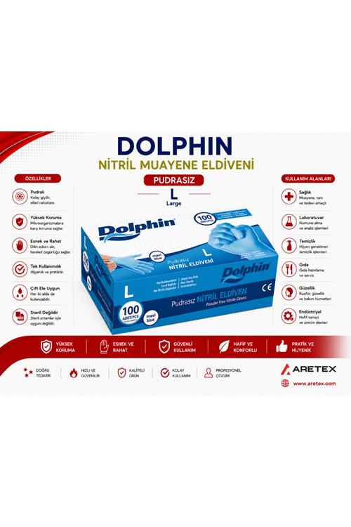 Dolphin Nitril Mavi Pudrasız Eldiven Large 100lü