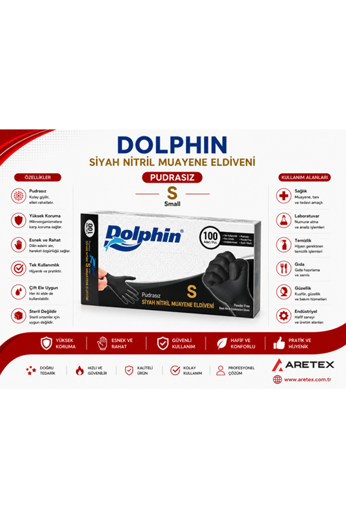Dolphin Siyah Çok Amaçlı Pudrasız Eldiven Small 100lü