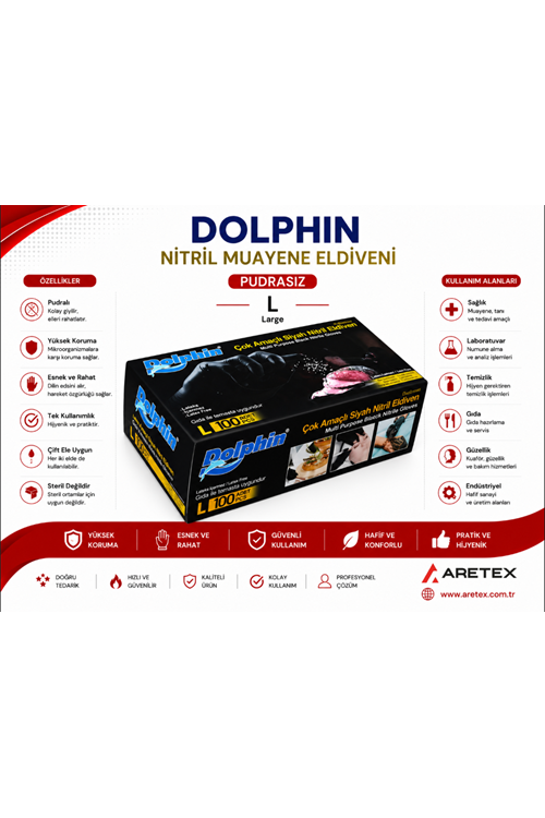 Dolphin Siyah Çok Amaçlı Pudrasız Eldiven Large 100lü