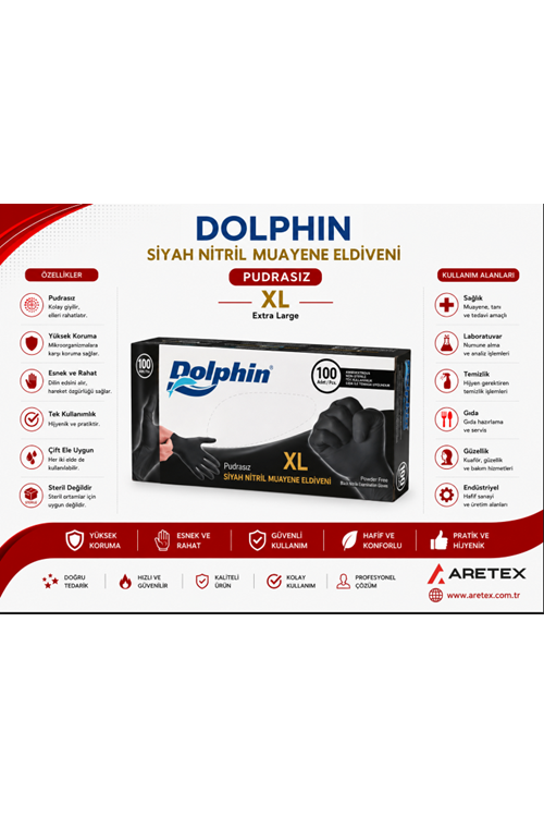 Dolphin Siyah Çok Amaçlı Pudrasız Eldiven Xlarge 100lü