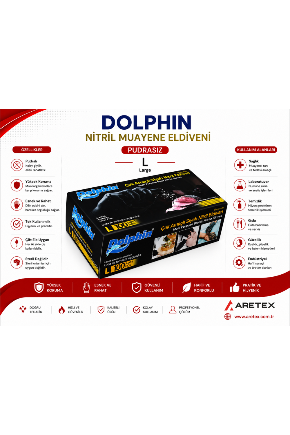 Dolphin Siyah Çok Amaçlı Pudrasız Eldiven Large 100lü